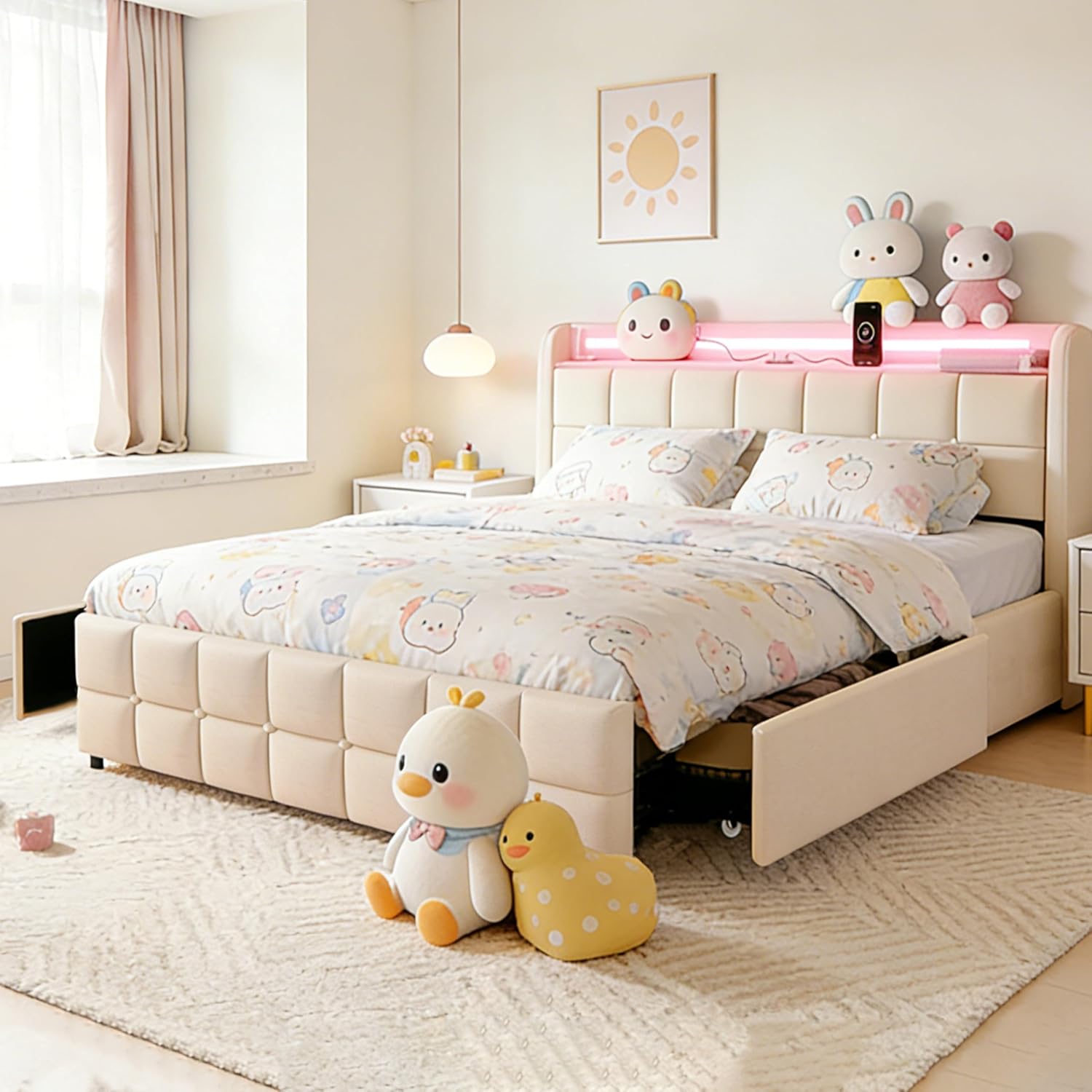 Juego 3 in 1 Full Bed Frame with RGB LED Light, Socket & USB & Type-C Charging Station,4 Drawers, Wooden Slats, Upholstered Bed, Noise-Free, No Box Spring Needed (Beige, Full)