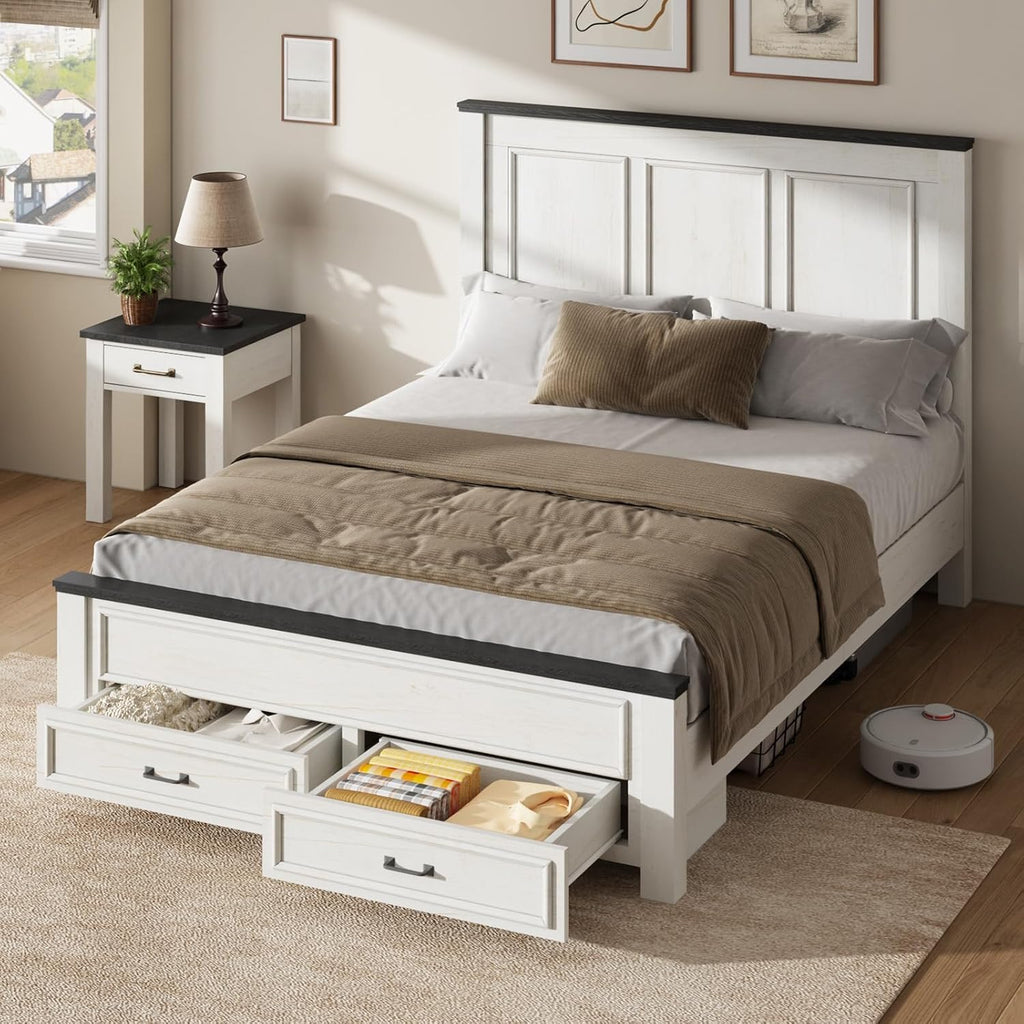 AMERLIFE Farmhouse Bedroom Furniture Set, Includes 2 Nightstands with Charging Station and 1 Queen Size Wood Platform Bed Frame with Headboard, Storage Drawers, No Box Spring Needed, Rustic White