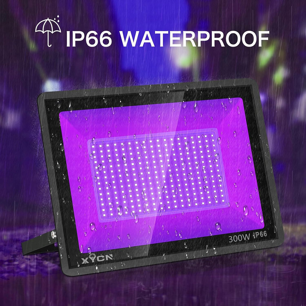 XYCN 4 Pack 300W LED Flood Black Lights,395nm to 405nm UV Outdoor Flood High Power Blacklight Light with Plug in, IP66 Waterproof Large Black Light Spotlight for Glow Party Large Space, Halloween