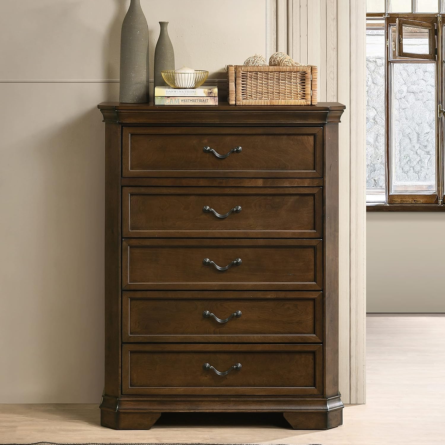 Roundhill Furniture Maderne Traditional Wood 5-Drawer Chest, Antique Walnut Finish