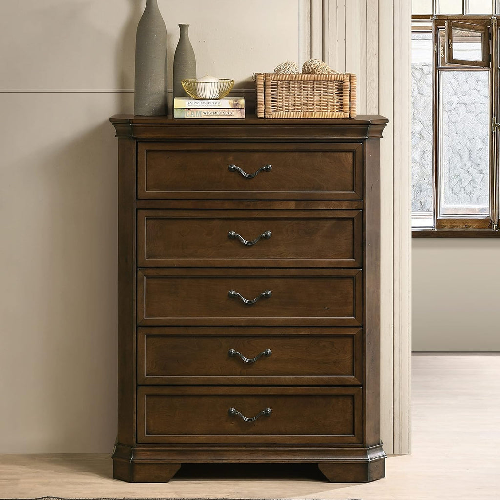 Roundhill Furniture Maderne Traditional Wood Panel Bed with Dresser, Mirror, Nightstand, Chest, Queen, Antique Walnut Finish
