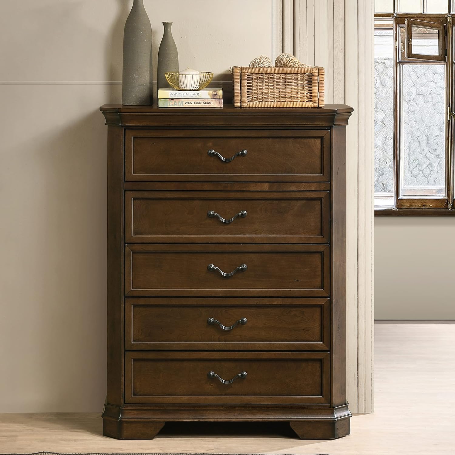 Roundhill Furniture Maderne Traditional Wood Panel Bed with Dresser, Mirror, Nightstand, Chest, Queen, Antique Walnut Finish