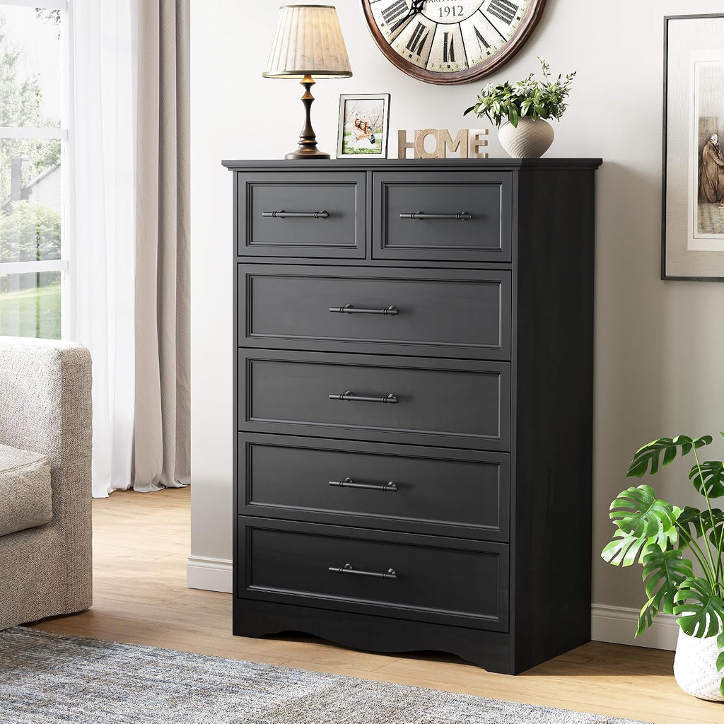Bedroom Set, 3 Pieces Bedroom Furniture Set, 6 Drawer Dresser and 3 Drawers Nightstand with Charging Station, Farmhouse Storage Organizer Cabinet for Bedroom, Black