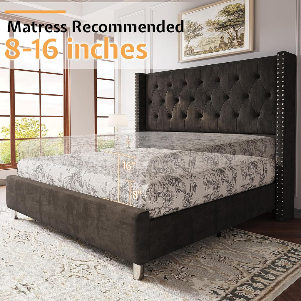 Jocisland Bed Frame King Size Velvet Tufted Upholstered Bed Low Profile Platform Bed Raised Wingback Headboard/Wood Slats Support/No Box Spring Needed/Easy Assembly/Black