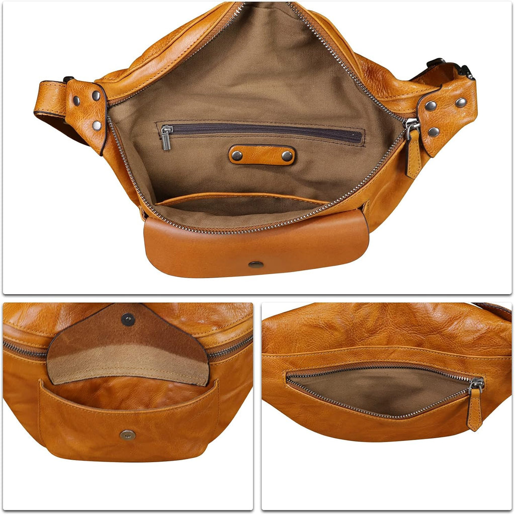 Genuine Leather Fanny Pack for Women and Men Vintage Real Leather Sling Bag Crossbody Bag Fashion Waist Bag Chest Purse