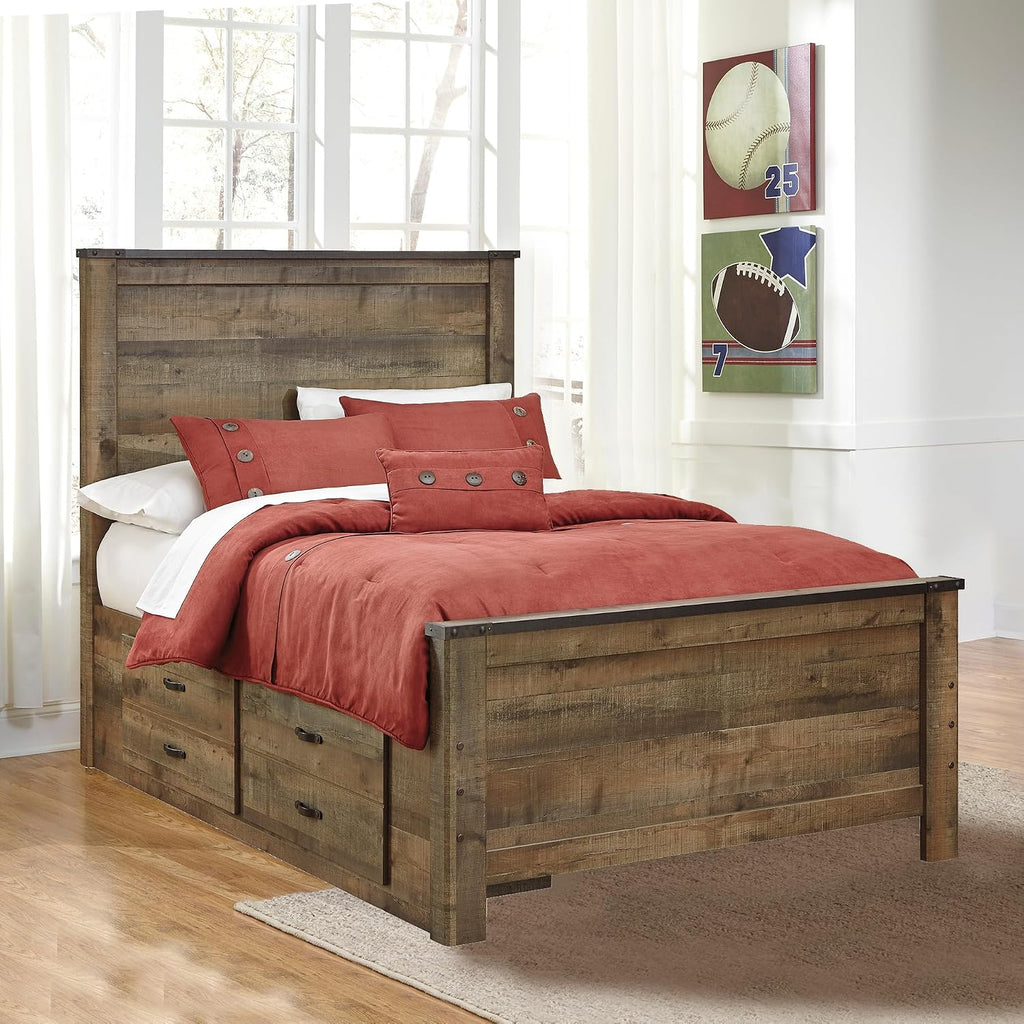Signature Design by Ashley Trinell Casual Full Panel Platform Bed with 2 Storage Drawers and Nailheads, Foundation or Box Spring Not Needed, Dark Brown
