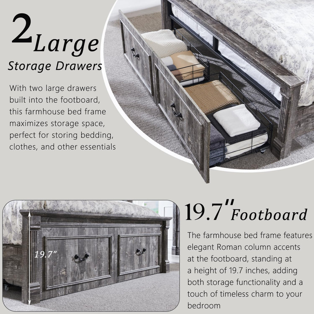 Aitjunz Farmhouse Queen Size Bed Frame with 51' Tall Headboard, Wood Platform Bed Frame with 20' Tall Roman Column Decoration Footboard & 2 Large Storage Drawers, No Box Spring Needed (Light Grey)