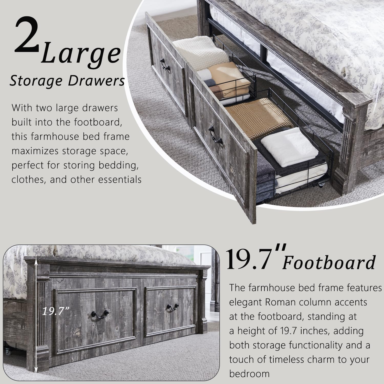 Aitjunz Farmhouse Queen Size Bed Frame with 51' Tall Headboard, Wood Platform Bed Frame with 20' Tall Roman Column Decoration Footboard & 2 Large Storage Drawers, No Box Spring Needed (Light Grey)