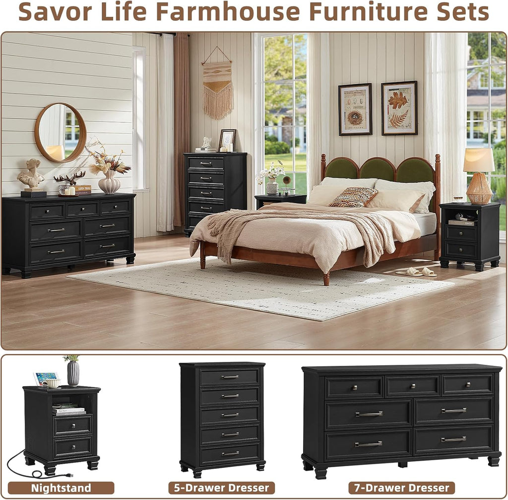 SAVOR LIFE Farmhouse Bedroom Dresser and Nightstand Set 3, 5/7 Drawer Dresser & 2 Drawer Nightstand Set, Rustic Wood Bedroom Furniture Set 3 for Home, Hallway, Black