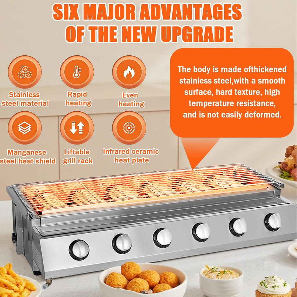Tabletop Grill,LPG Gas BBQ Grill with 6/8 Burners, Portable Gas Barbecue Griddle,Removable Grids, Adjustable Height, for Indoor Kitchen Use for Parties, Backyard Gatherings B