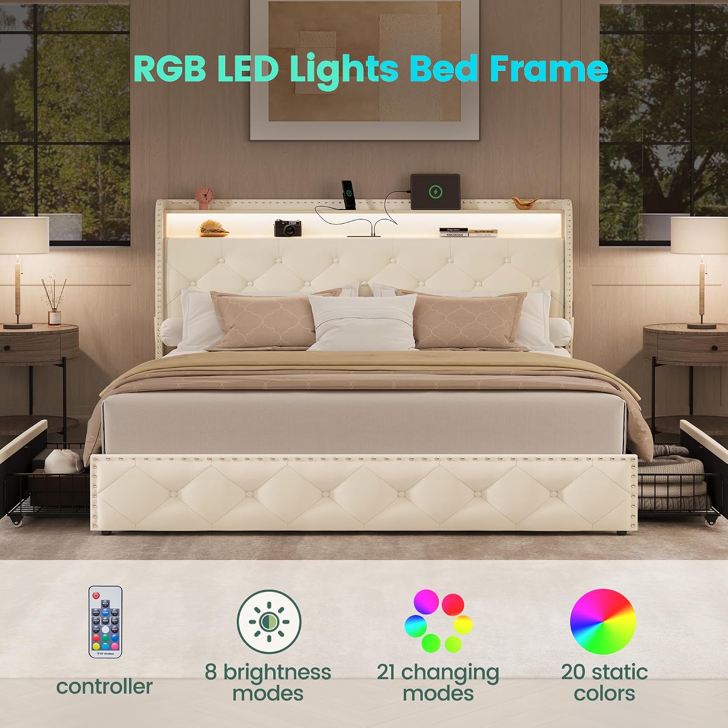 LARMACE Queen Size Bed Frame with 4 Storage Drawers and Charging Station, Velvet Upholstered Platform Bed Frame with LED Headboard, Noise Free, Easy Assembly, Beige