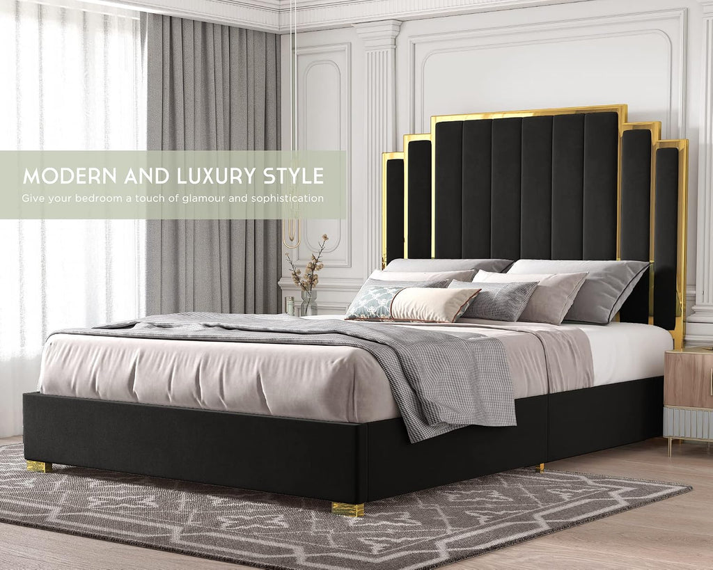 HOWE King Size Bed Frame and 65' Headboard, Upholstered Bed with Golden Plating Trim, Modern Platform Bed No Box Spring Needed, Black