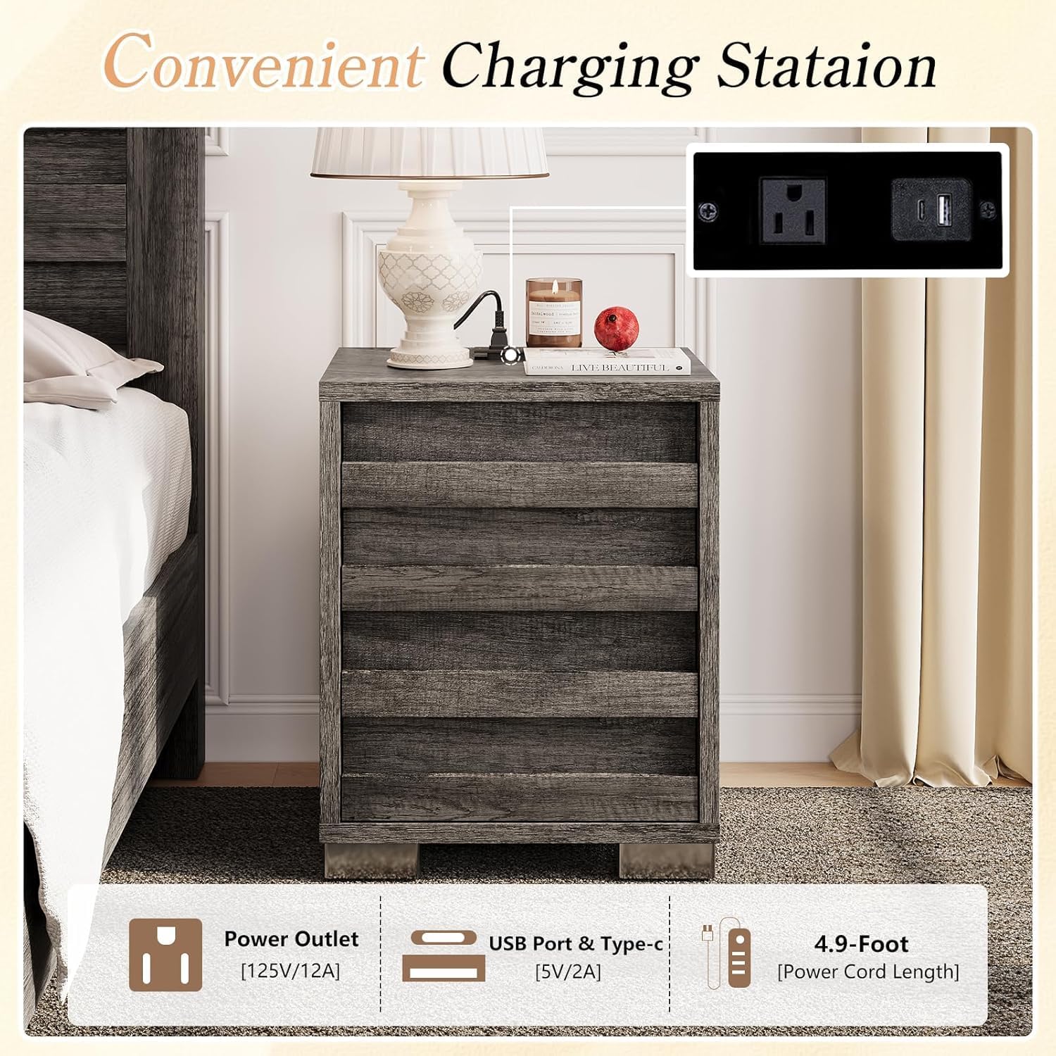LUXOAK 3 Pcs Bedroom Furniture Sets,Includes Farmhouse Full Size Bed Frame with 49' Tall Headboard and Nightstand Sets of 2 with Charging Station, Slated Handles & Stainless Steel Feet, Rustic Grey
