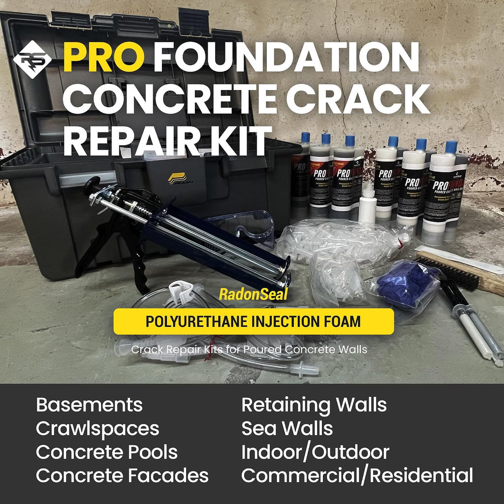RadonSeal PRO Foundation Crack Repair Kit (30 ft) – Polyurethane Injection Foam for Basement & Concrete Wall Leaks
