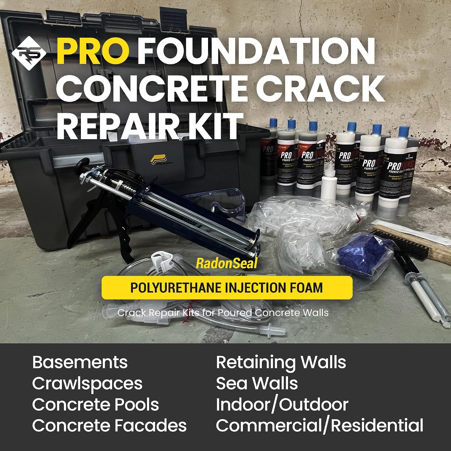 RadonSeal PRO Foundation Crack Repair Kit (30 ft) – Polyurethane Injection Foam for Basement & Concrete Wall Leaks