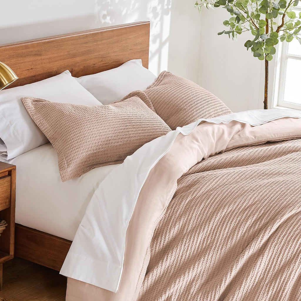 Levtex Home Cloud Waffle King/Cal King Comforter Set (106x94in) with 2 Pillow Shams (36x20in) - Solid Waffle Cotton Texture - Blush - 100% Cotton King Size Comforter Set - Soft, Pre-Washed