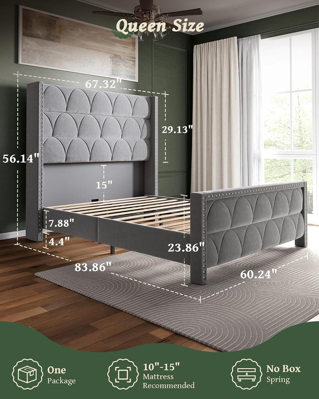 OHOHOLIVE Queen Size Bed Frame with 56' Headboard - Velvet Upholstered Wingback Platform Bed Frame, Noise Free, Sturdy Wooden Slat Support (Deep Gray, Queen)