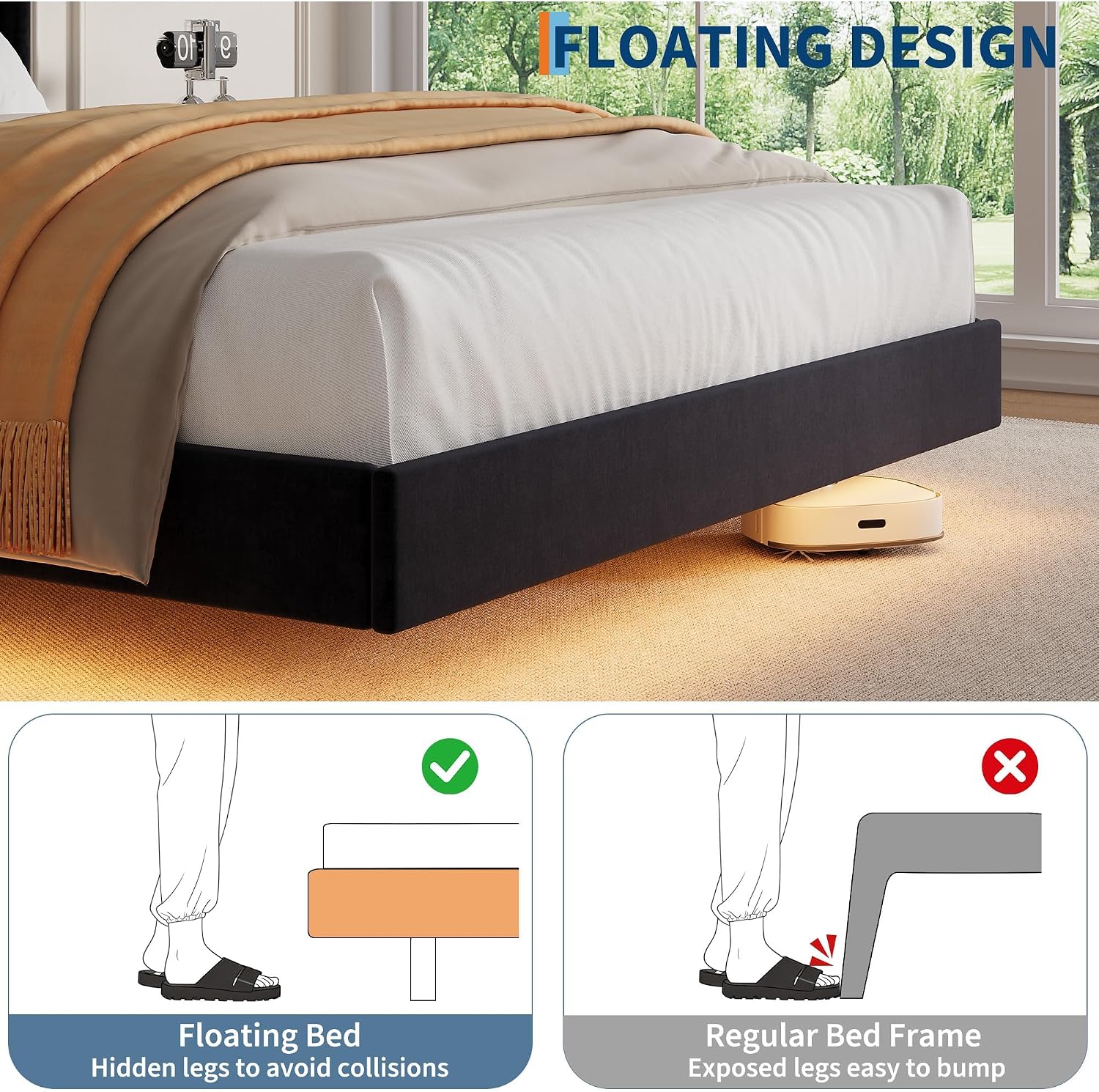 IDEALHOUSE Full Size Bed Frame with LED Lights, Floating Platform Bed with Velvet Upholstered Storage Headboard, No Box Spring Needed, Noise Free, Easy Assembly