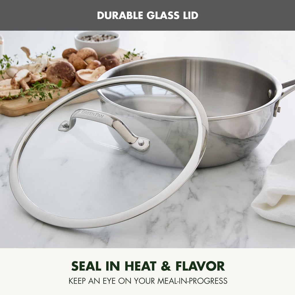 GreenPan Valencia Pro Tri-Ply Stainless Steel 3.6QT Chef's Pan with Lid, Induction Ready Cookware, All Cooktops, Sauce Pot, Mirror Finish, Dishwasher & Oven/Broiler Safe to 600F