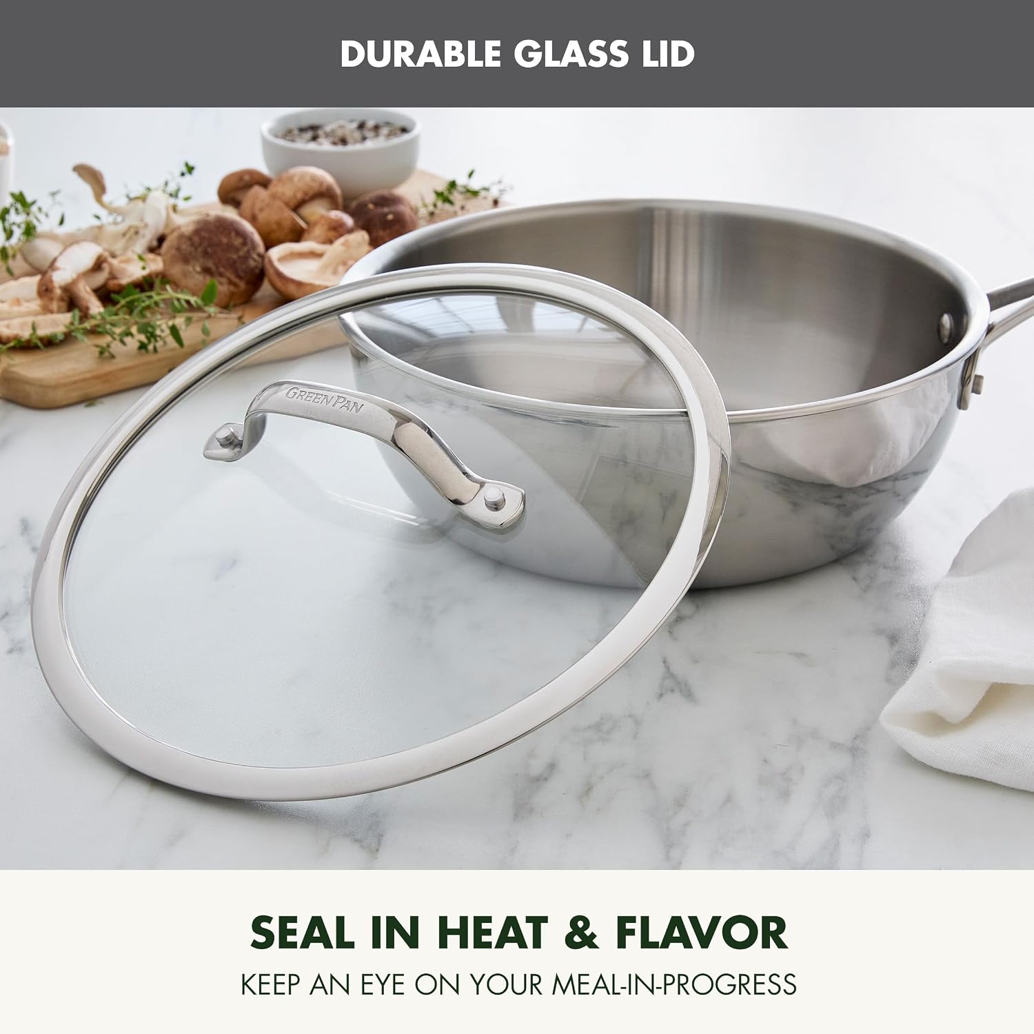 GreenPan Valencia Pro Tri-Ply Stainless Steel 3.6QT Chef's Pan with Lid, Induction Ready Cookware, All Cooktops, Sauce Pot, Mirror Finish, Dishwasher & Oven/Broiler Safe to 600F
