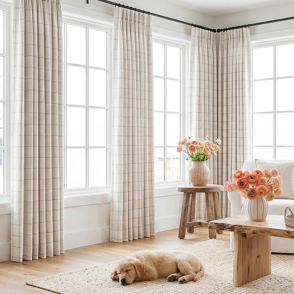 THREE GIRLS Pinch Pleated Plaid Curtains Blackout Linen Gingham Curtains for Living Room,Bedroom Checkered 92 Inches Long Double Layer 2 Panels Set Luxury and Modern Printed Design Darkening