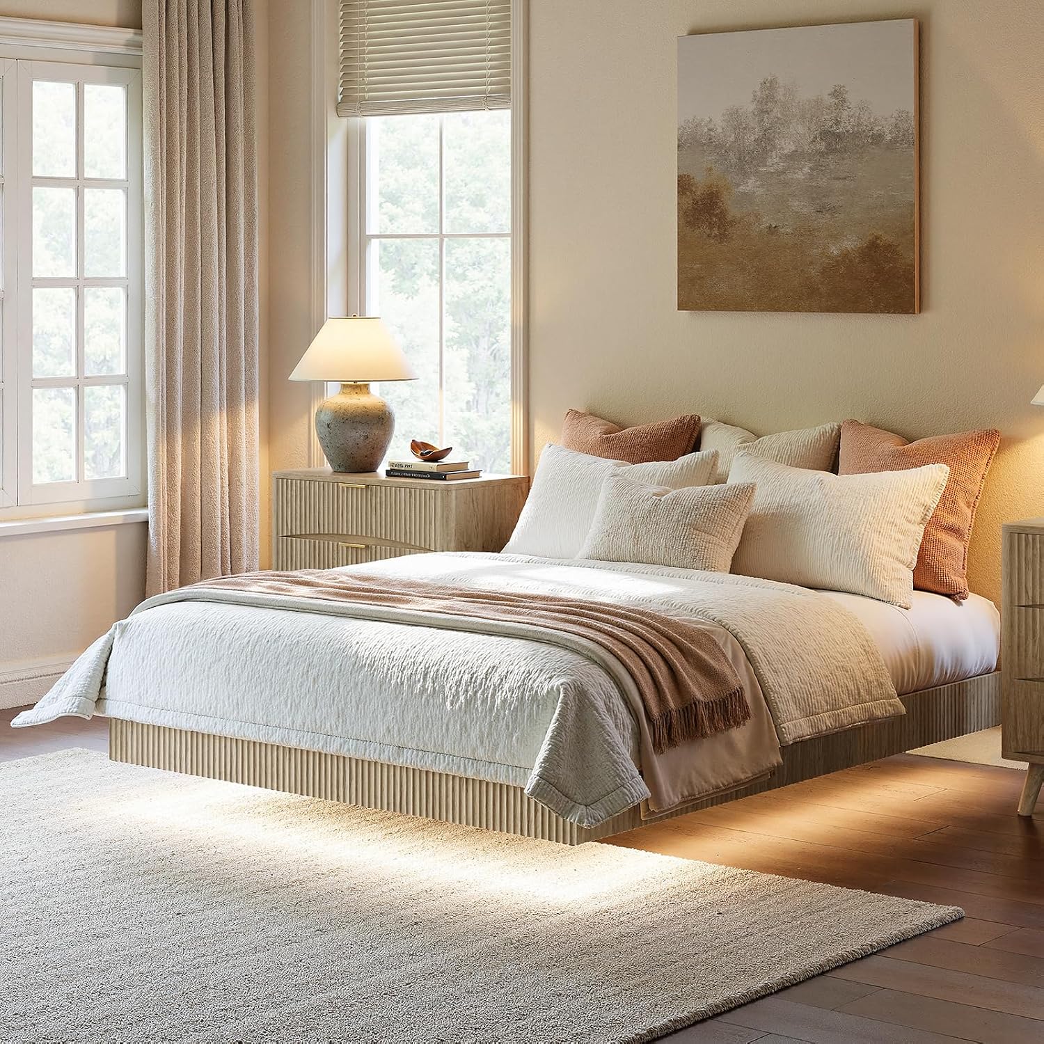 Evermagin Oak Queen Floating Bed Frame with led Lights, Fluted 12In High Platform Bed No Headboard, Heavy Duty Mid Century Modern Float Metal Bedframe, No Box Spring Needed (Oak, Queen-12in high)