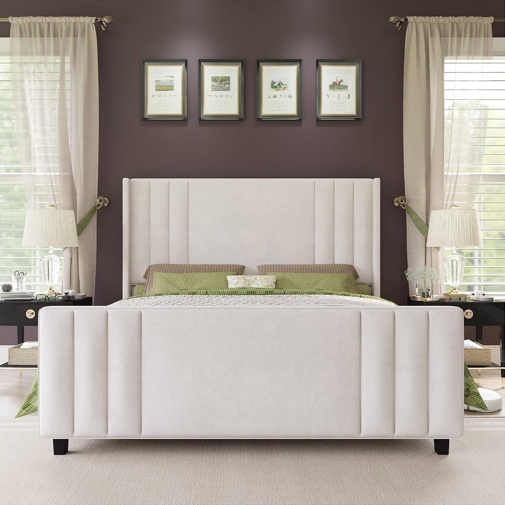 AMERLIFE King Size Bed Frame, Velvet Upholstered Platform Bed with Vertical Channel Tufted Headboard & Footboard/Wingback, Mattress Foundation with Wood Slats, No Box Spring Needed, Cream