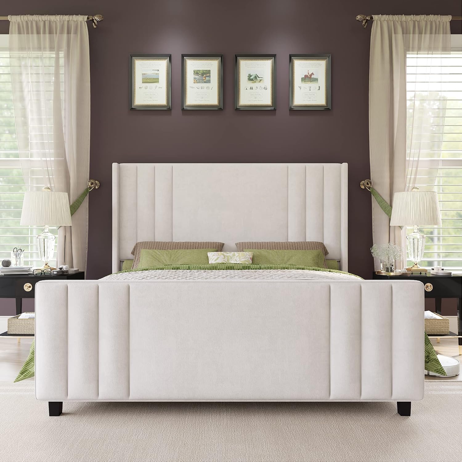 AMERLIFE King Size Bed Frame, Velvet Upholstered Platform Bed with Vertical Channel Tufted Headboard & Footboard/Wingback, Mattress Foundation with Wood Slats, No Box Spring Needed, Cream