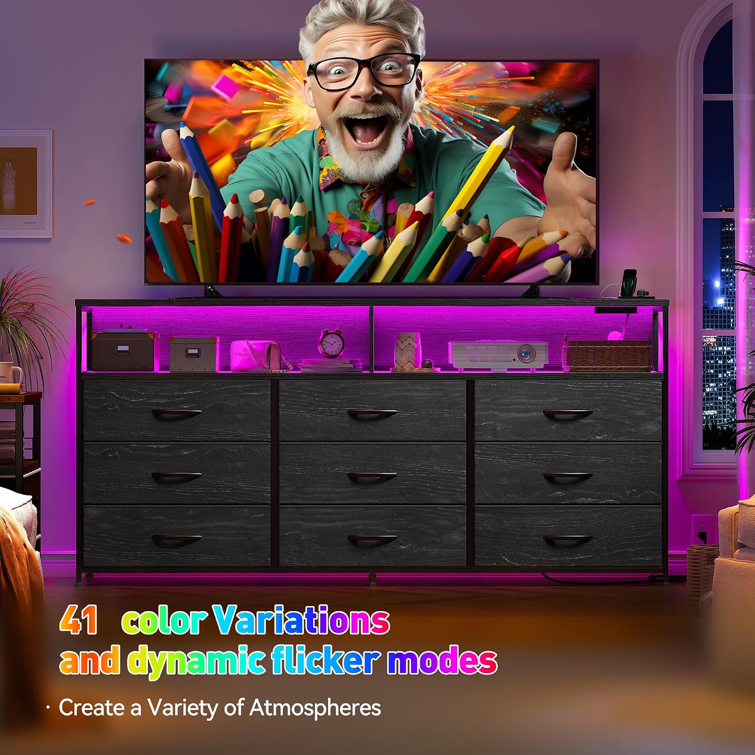 55'W Dresser for Bedroom with Charging Station & LED Light, 65/55/50 Inch TV Stand with 9 Fabric Drawers, Sturdy Dressers & Chest of Drawers with 2 Wood Open Shelves,Metal Frame,Black Oak Wood Look