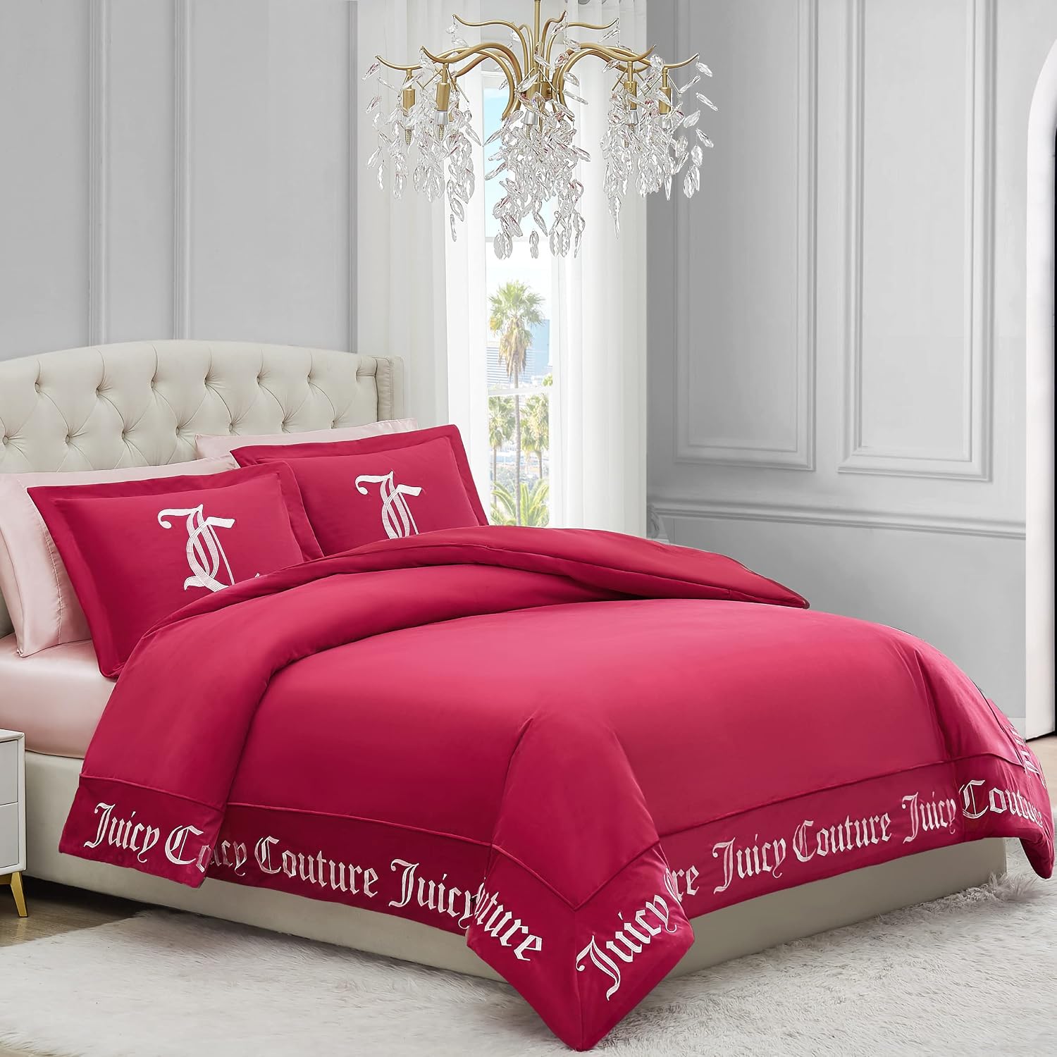 Juicy Couture - Comforter Set - Gothic Design Bedding - King - 3 Piece Set Includes (1) 108' x 92' Comforter and (2) 20' x 36' Shams - Wrinkle Resistant - Premium Bedroom Decor - Hot Pink