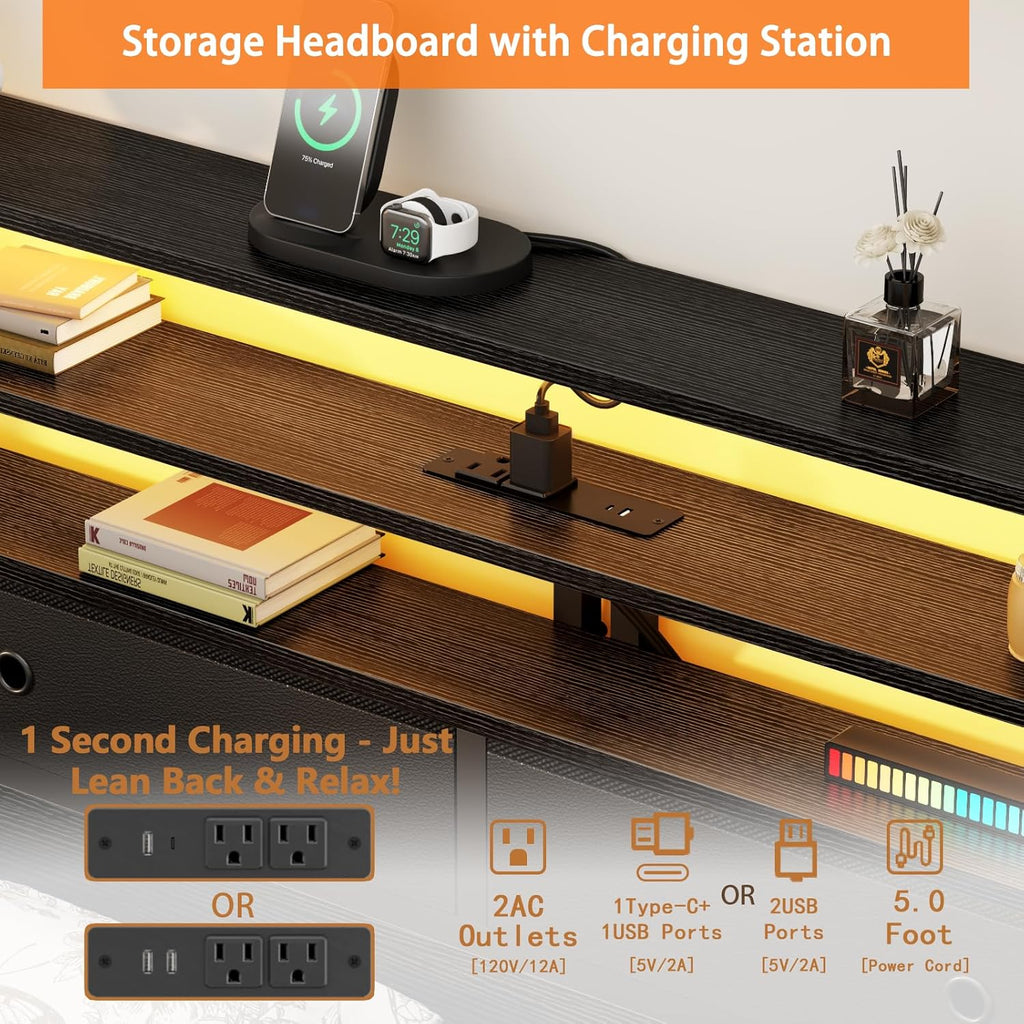 Furnulem Full Size Bed Frame with Headboard, 3-Tier Storage Shelves & 2 Fabric Drawers, Built-in Charging Station & RGB LED Lights, Metal Slat Support, No Box Spring Needed, Easy Assembly, Black Oak