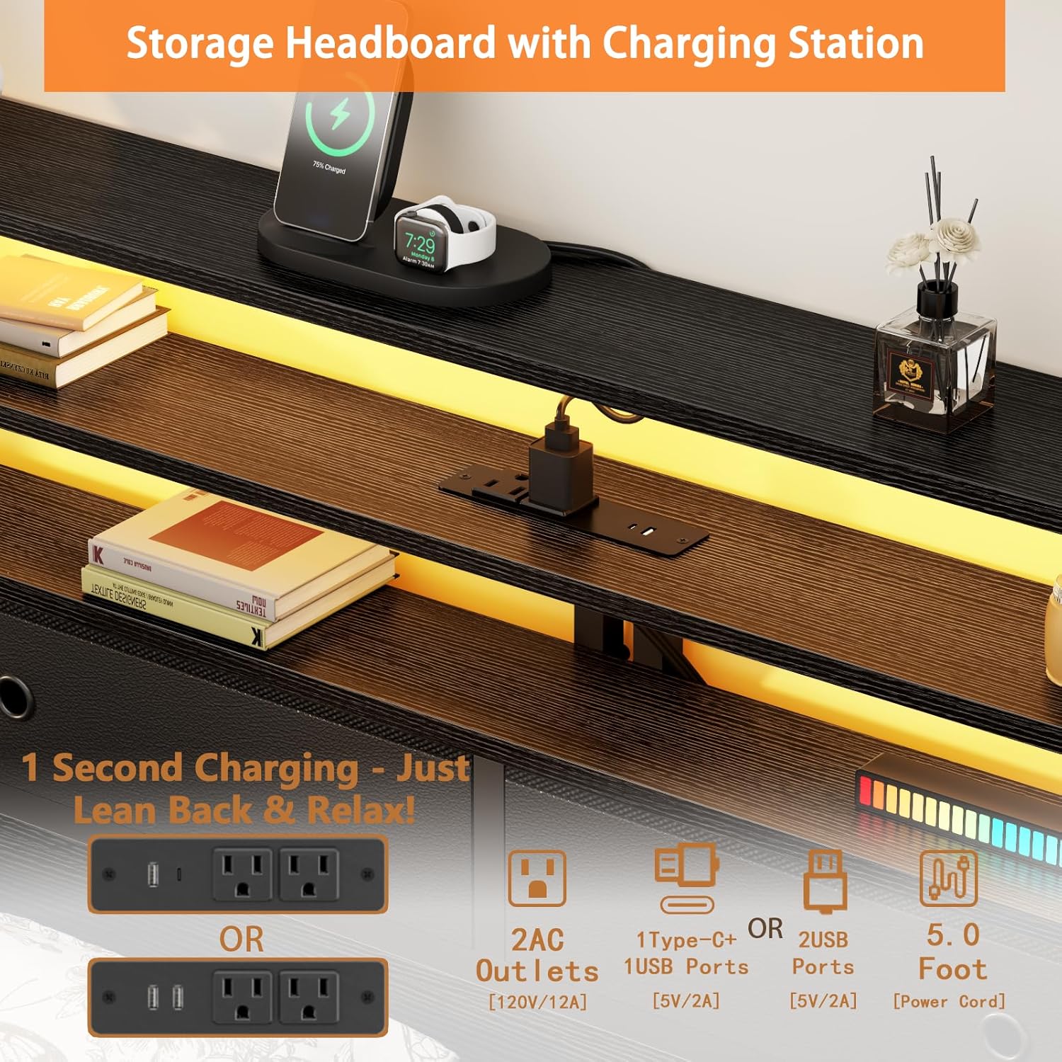 Furnulem Full Size Bed Frame with Headboard, 3-Tier Storage Shelves & 2 Fabric Drawers, Built-in Charging Station & RGB LED Lights, Metal Slat Support, No Box Spring Needed, Easy Assembly, Black Oak
