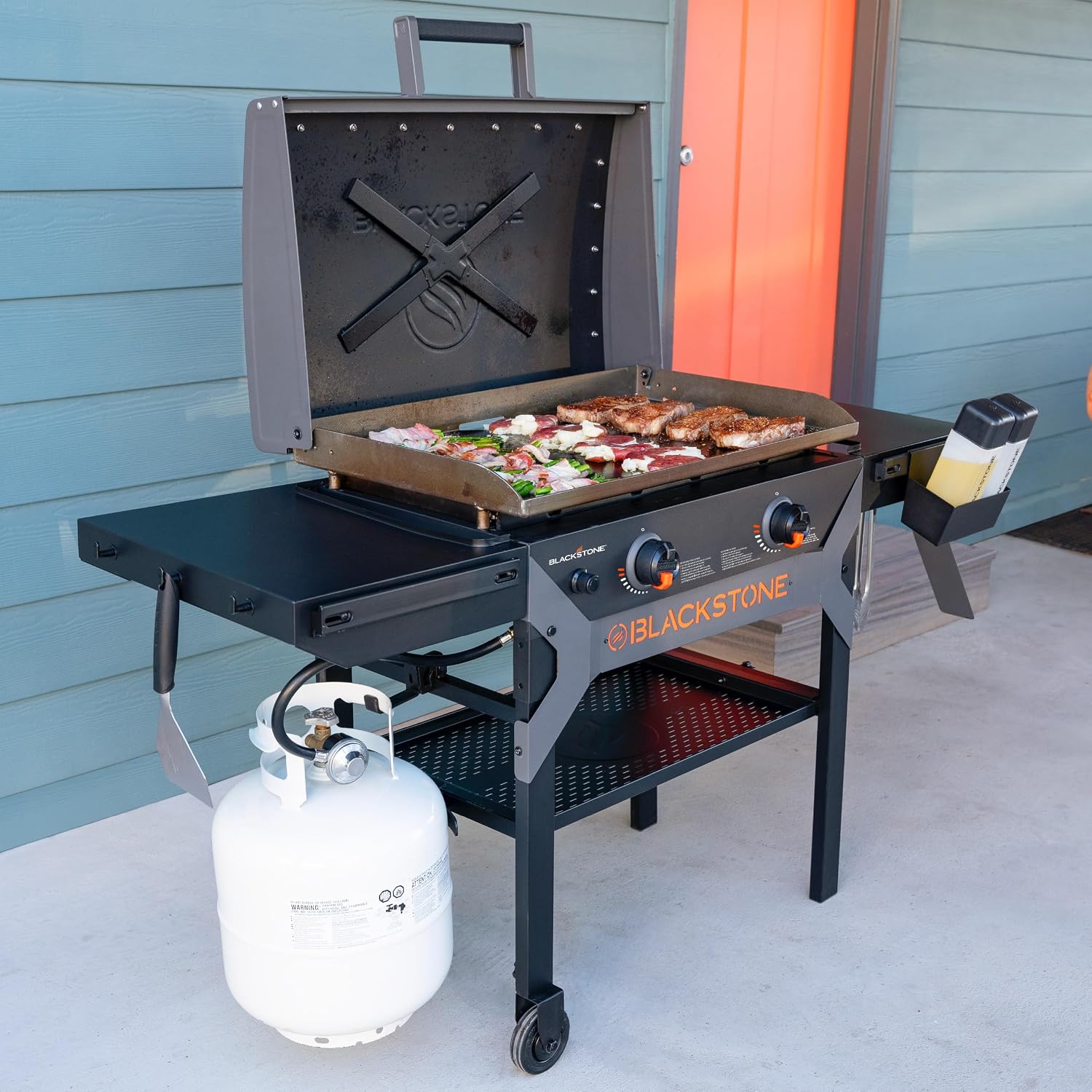 Blackstone 2311 Iron Forged 28' Omnivore Griddle with X-Braced Hood, Powder Coated Steel, Black