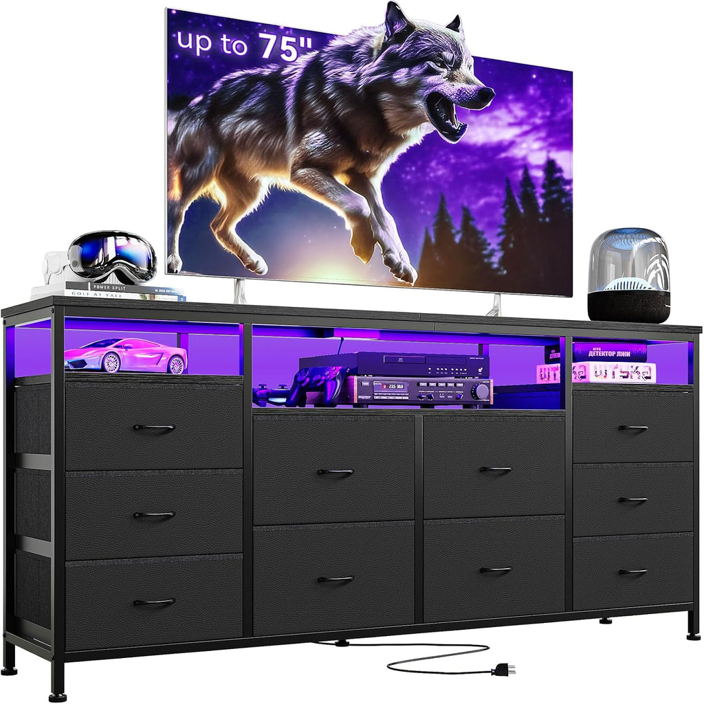 63.3 in Black Dresser for Bedroom, 10 Drawer Dresser TV Stand for 65 70 75 in TV, Fabric Chest of Drawers with LED Lights & Power Outlets, Long Entertainment Center for Closet, Living Room, Entryw