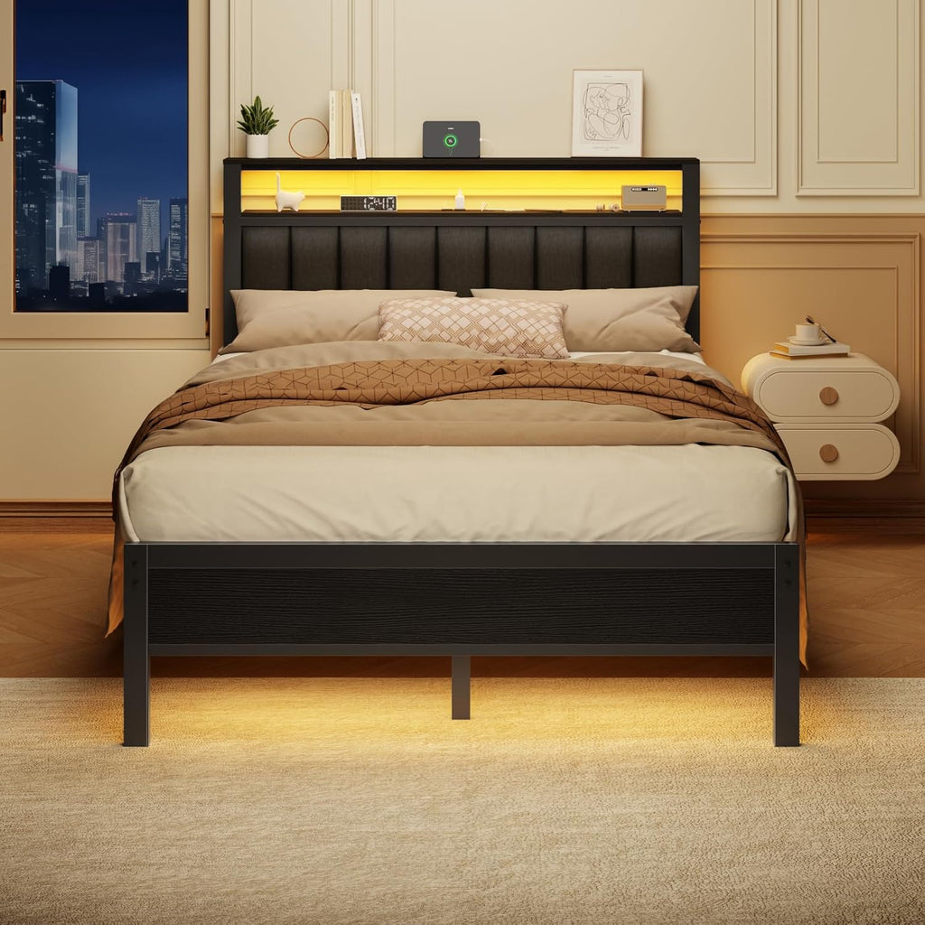 Furnulem Full Size Bed Frame with Charging Station and LED Lights, Platform Bed with Metal Slats, Grey Upholstered Headboard with 2-Tier Storage Shelves, No Box Spring Needed