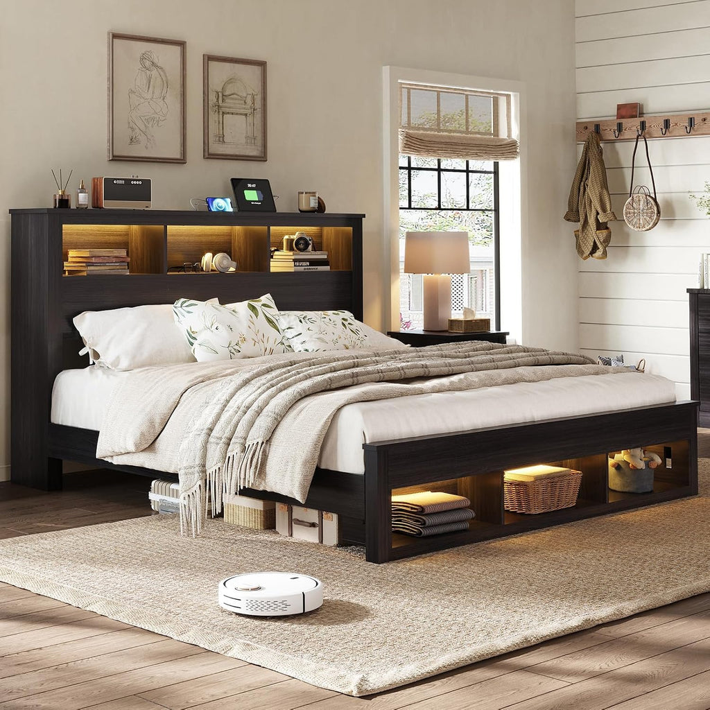 Albott Farmhouse King Size Bed Frame with Storage/Bookcase Headboard & Footboard, Wood Platform Bed with LED Lights/Charging Station, Heavy-Duty Metal Support/No Box Spring Needed/Noise-Free, Black
