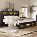 Albott Farmhouse King Size Bed Frame with Storage/Bookcase Headboard & Footboard, Wood Platform Bed with LED Lights/Charging Station, Heavy-Duty Metal Support/No Box Spring Needed/Noise-Free, Black