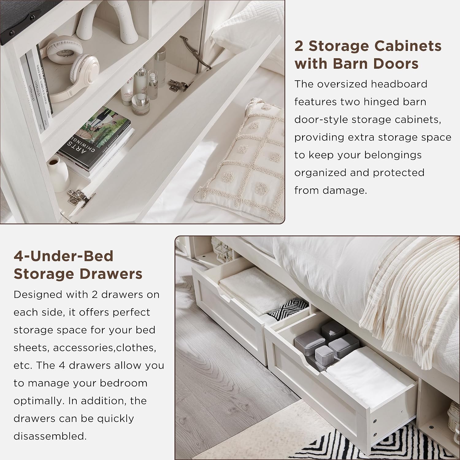 ACCOHOHO Farmhouse Full Size Bed Frame with 52' Tall Storage Headboard and LED Light, Wood Platform Bed with 4 Drawers, Charging Station, Solid Wood Slats Support, No Box Spring Needed, Antique White