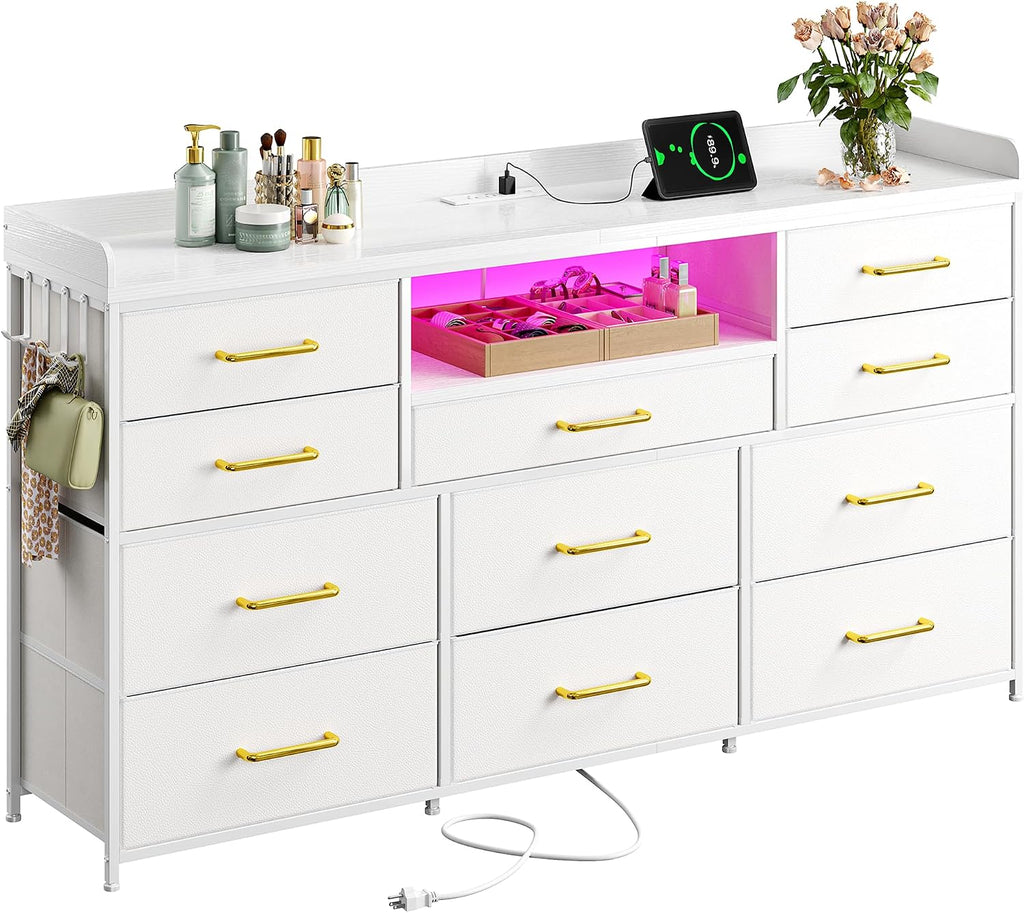 White Dresser for Bedroom with LED Lights & Charging Station & 4 Hooks 11 Drawer Dressers & Chests of Drawers Long Fabric Dresser TV Stand for 50 55 60 inch TV for Entryway 11.8'D x 47.2'W x 31.5'H