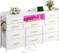 White Dresser for Bedroom with LED Lights & Charging Station & 4 Hooks 11 Drawer Dressers & Chests of Drawers Long Fabric Dresser TV Stand for 50 55 60 inch TV for Entryway 11.8'D x 47.2'W x 31.5'H
