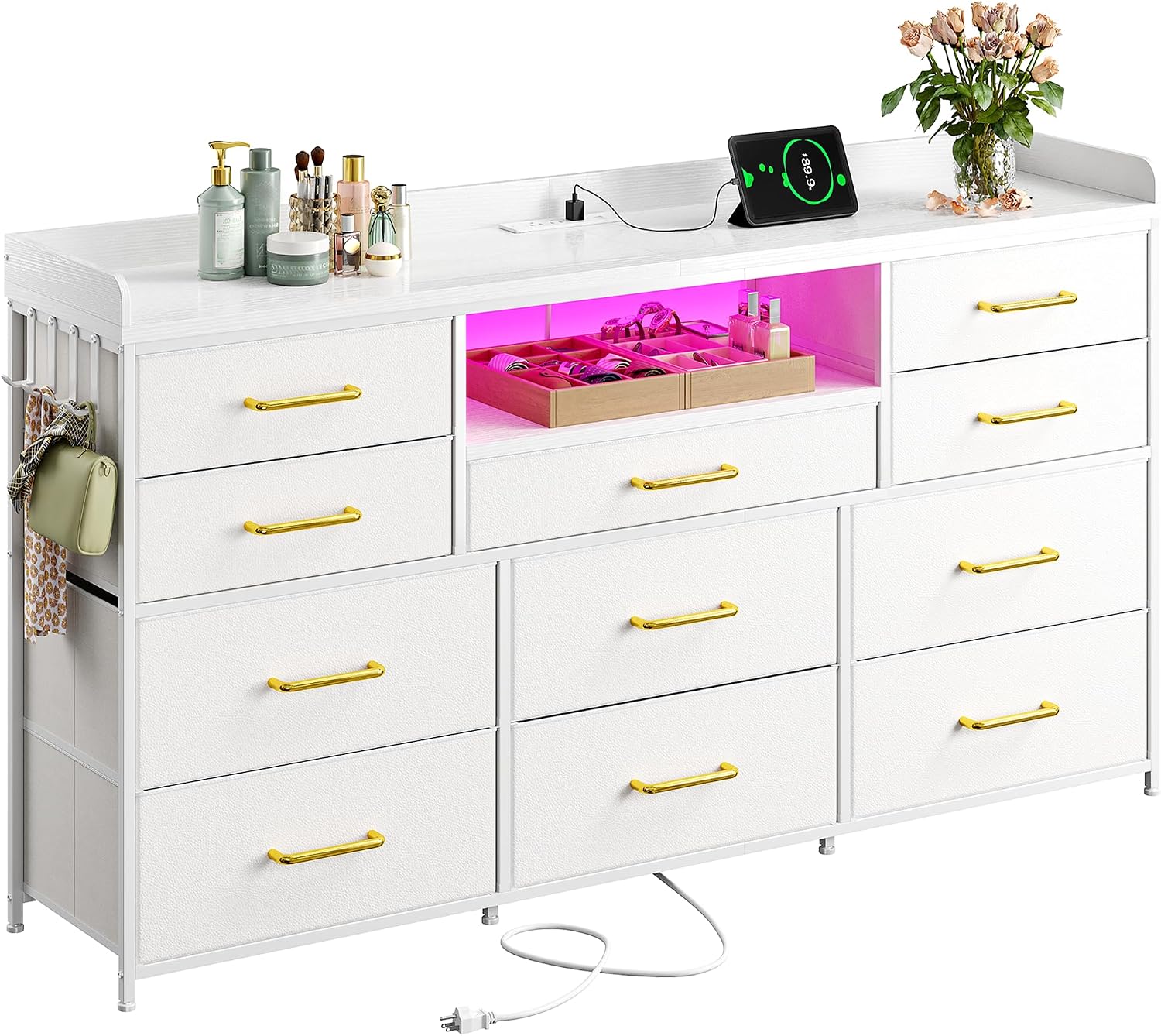 White Dresser for Bedroom with LED Lights & Charging Station & 4 Hooks 11 Drawer Dressers & Chests of Drawers Long Fabric Dresser TV Stand for 50 55 60 inch TV for Entryway 11.8'D x 47.2'W x 31.5'H