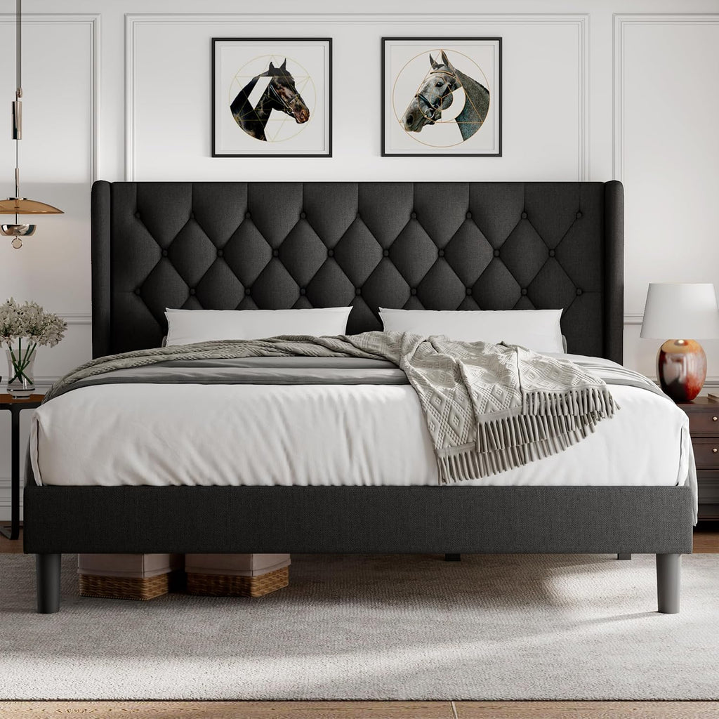 iPormis King Size Platform Bed Frame with Button Tufted Headboard, Upholstered Bed Frame with Solid Wooden Slats, 8' Underbed Space, No Box Spring Needed, Noise Free, Easy Assembly, Black