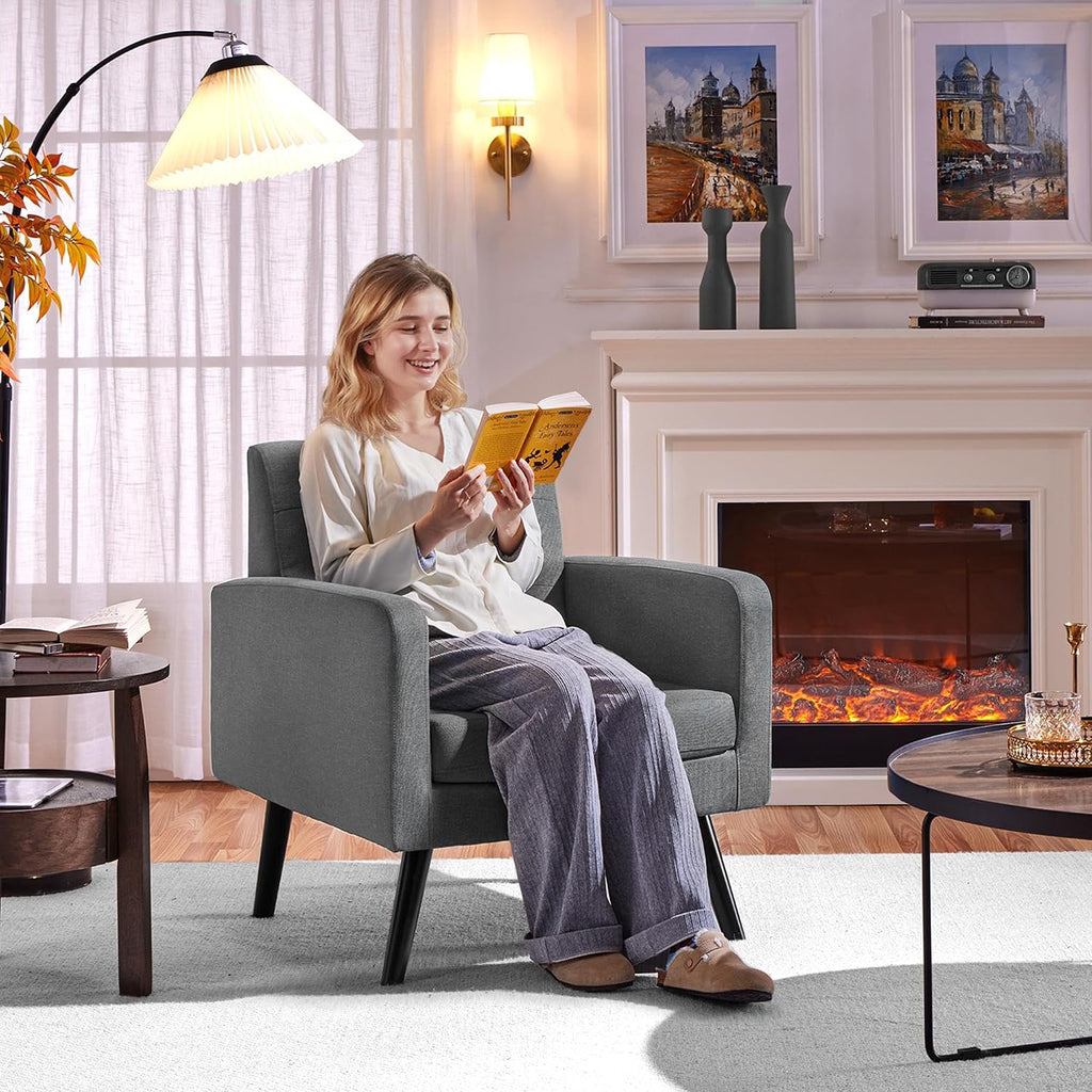 Yaheetech Mid-Century Accent Chairs, Modern Upholstered Living Room Chair, Cozy Armchair Button Tufted Back and Wood Legs for Bedroom/Office/Cafe, Set of 2, Gray