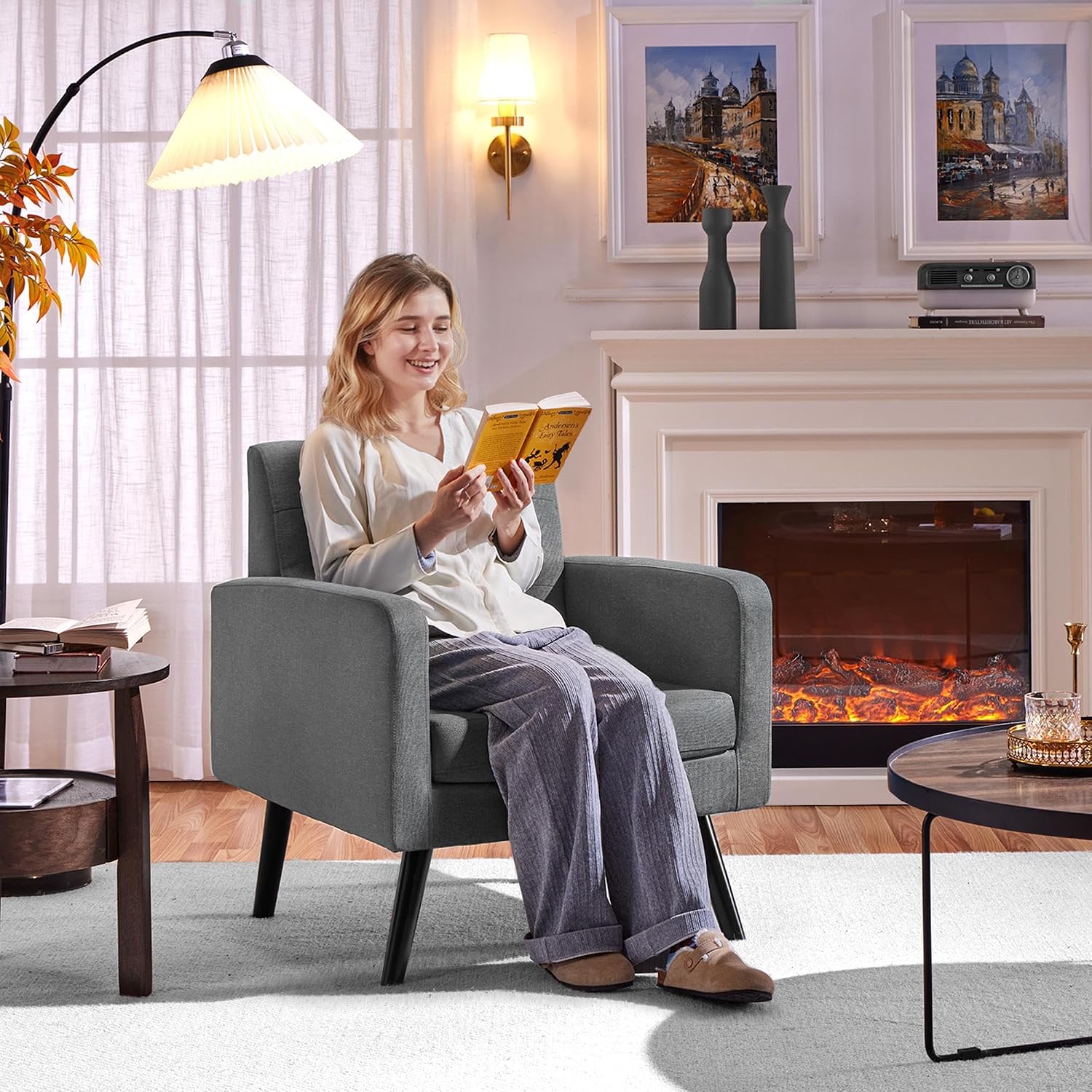 Yaheetech Mid-Century Accent Chairs, Modern Upholstered Living Room Chair, Cozy Armchair Button Tufted Back and Wood Legs for Bedroom/Office/Cafe, Set of 2, Gray