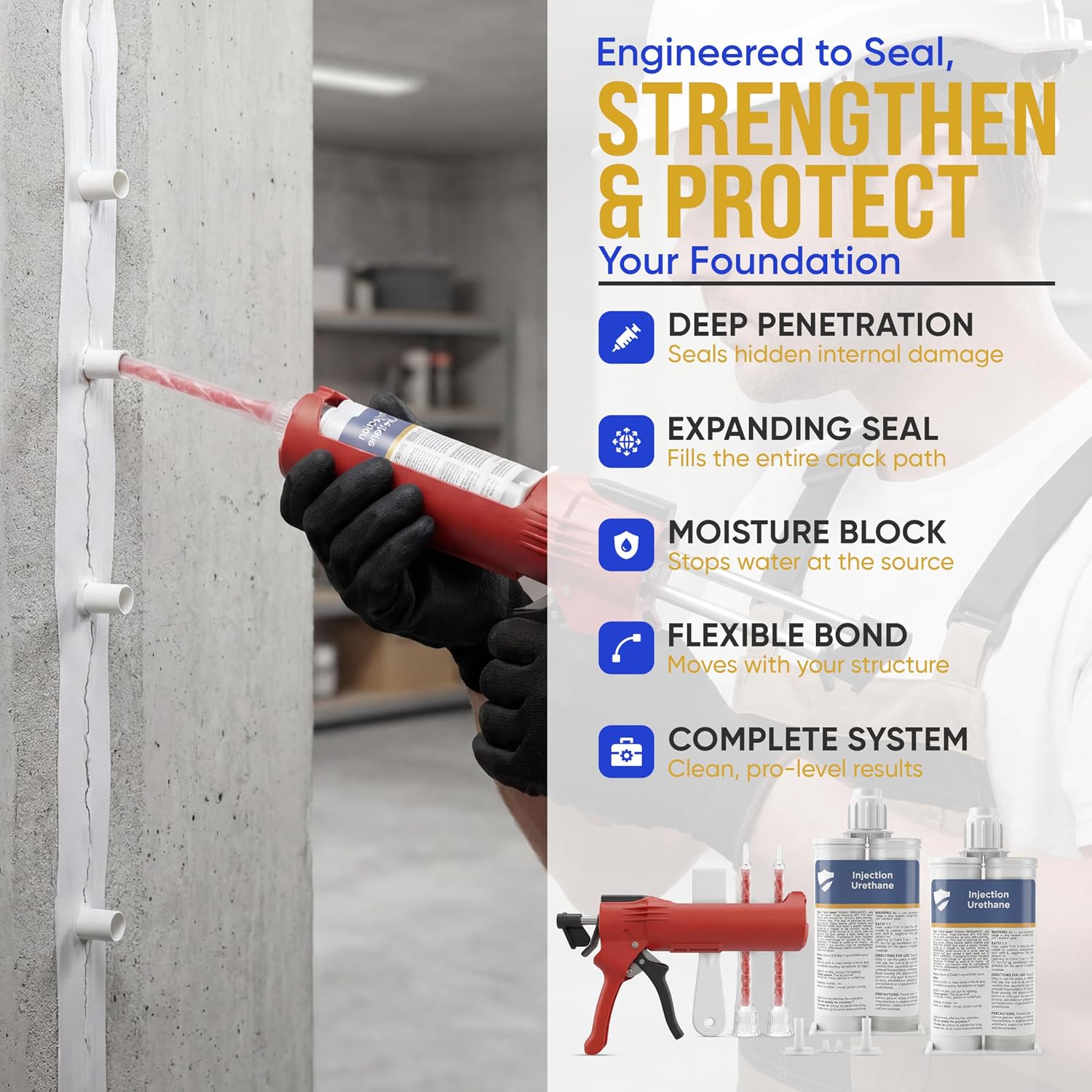 SolidFix 10ft Concrete Crack Repair Kit with All Tools – Professional Urethane Injection System – Wall Repair Paste for DIY Projects -Ideal Crack Filler to Stop Basement & Foundation Leak Permanently