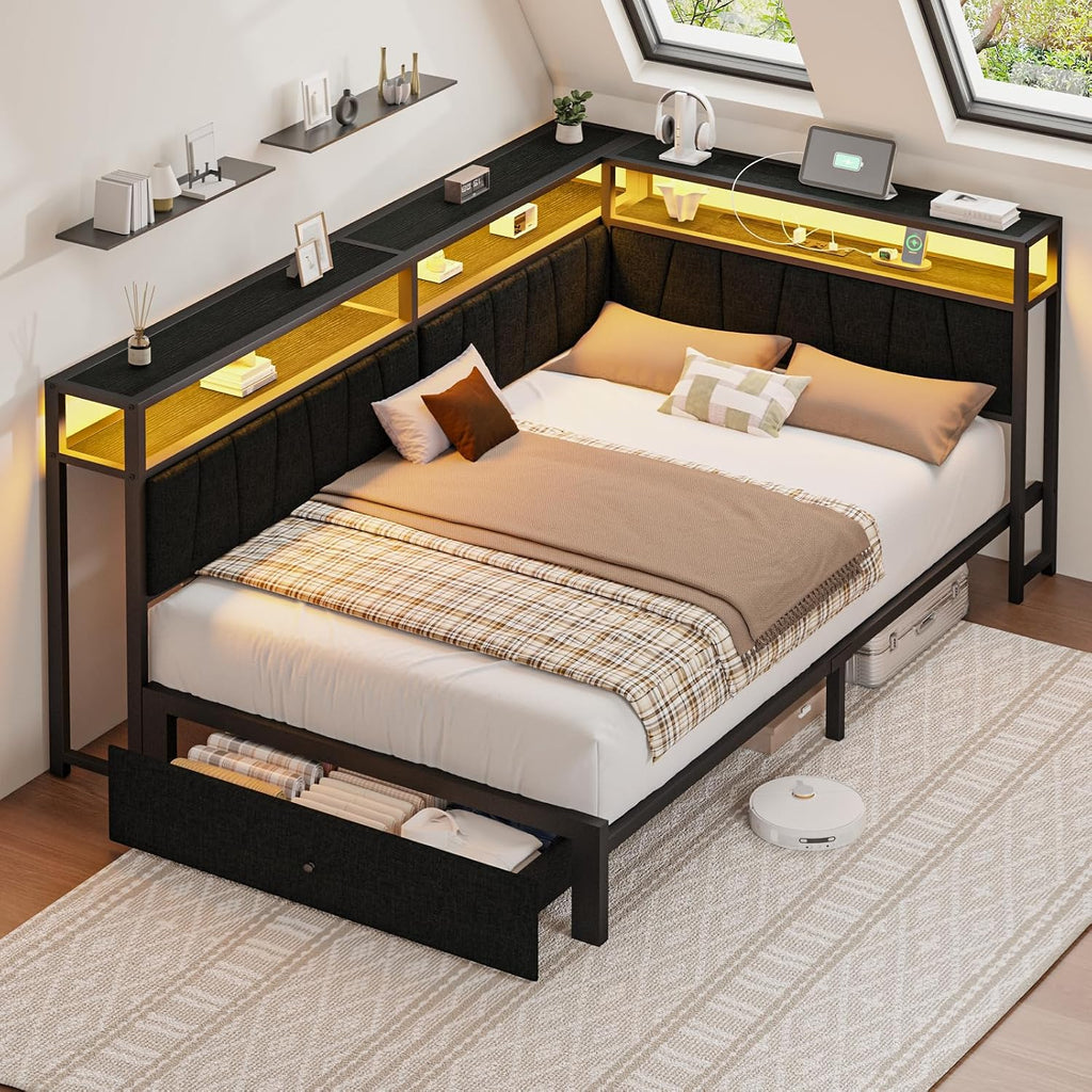 Twin Corner Bed Frame with Storage Drawers, Modern Daybed with LED Lights and Charging Station, Metal Twin Platform Bed Frame with Linen Upholstered Guardrail for Dorm Bedroom, Black