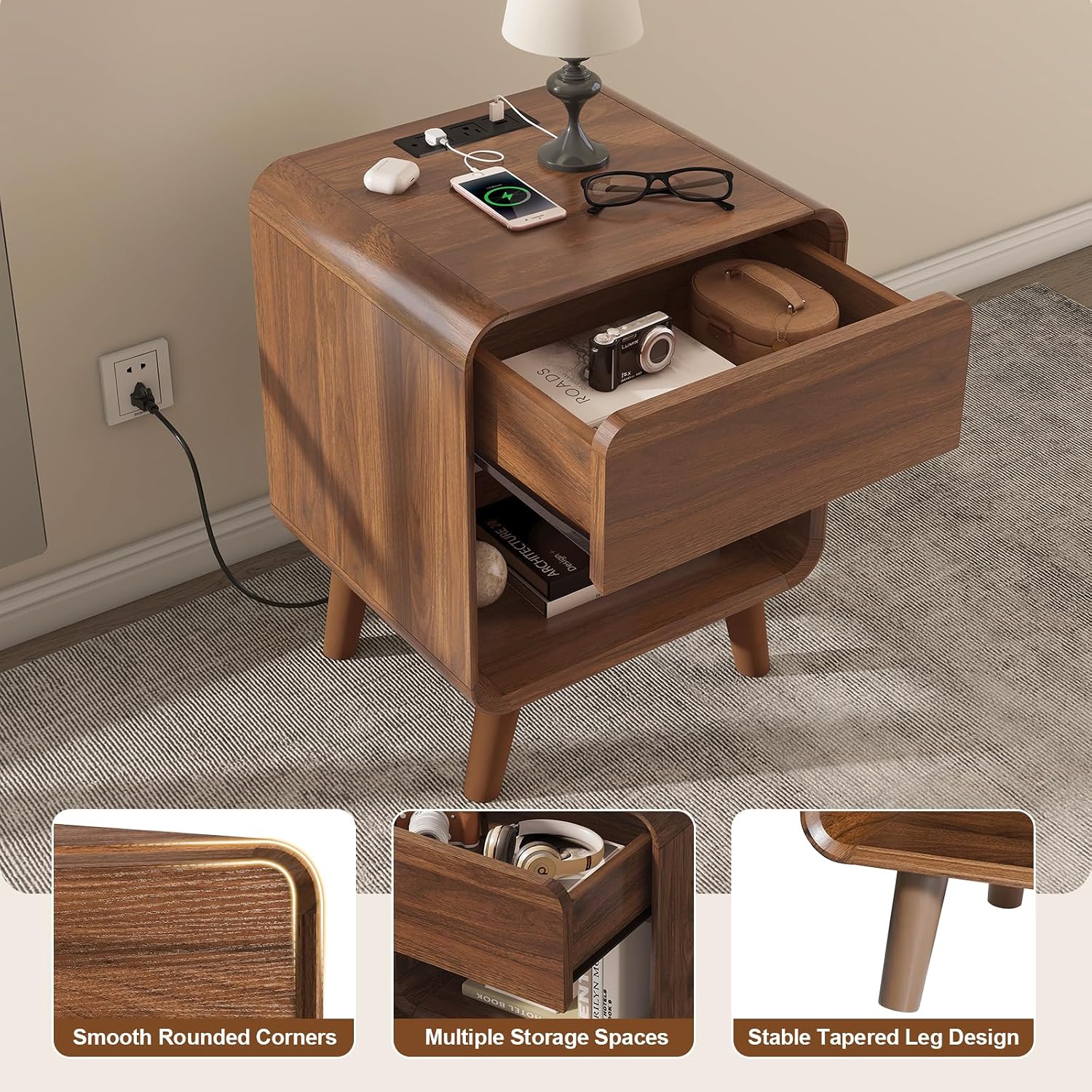 Nasonet Mid Century Modern Dresser and Nightstand Sets 3 Piece, Wooden 3 Drawer Dresser and Small Nightstands Sets of 2, Walnut Bedroom Furniture Set