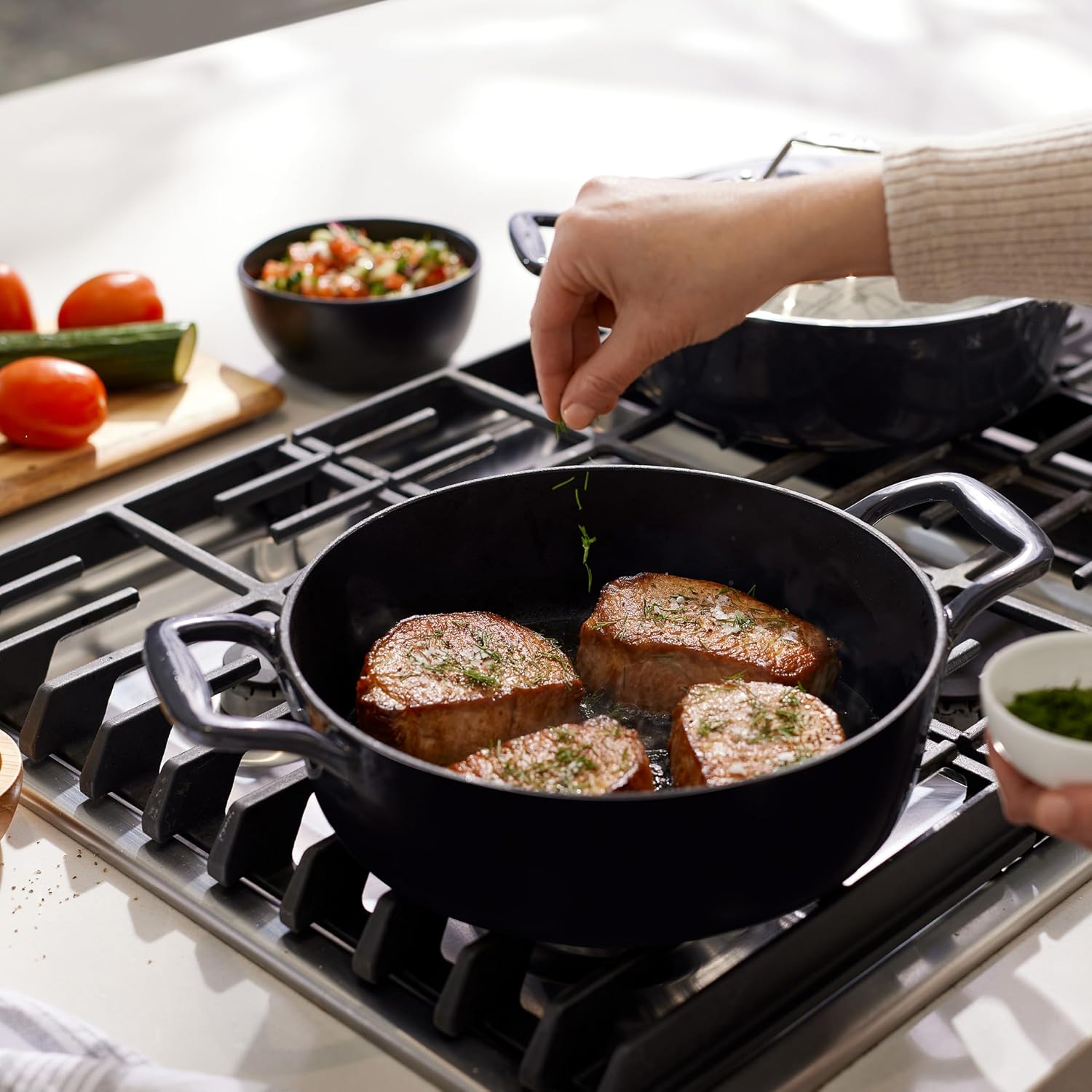 All-Clad Cast Iron Braiser Pan, 4 Qt Enameled Cast Iron Casserole Pan with Lid, Grill, Oven Safe up to 650F, Compatible with All Stovetops (Gas, Electric & Induction), Easy-Clean, Cookware, Black