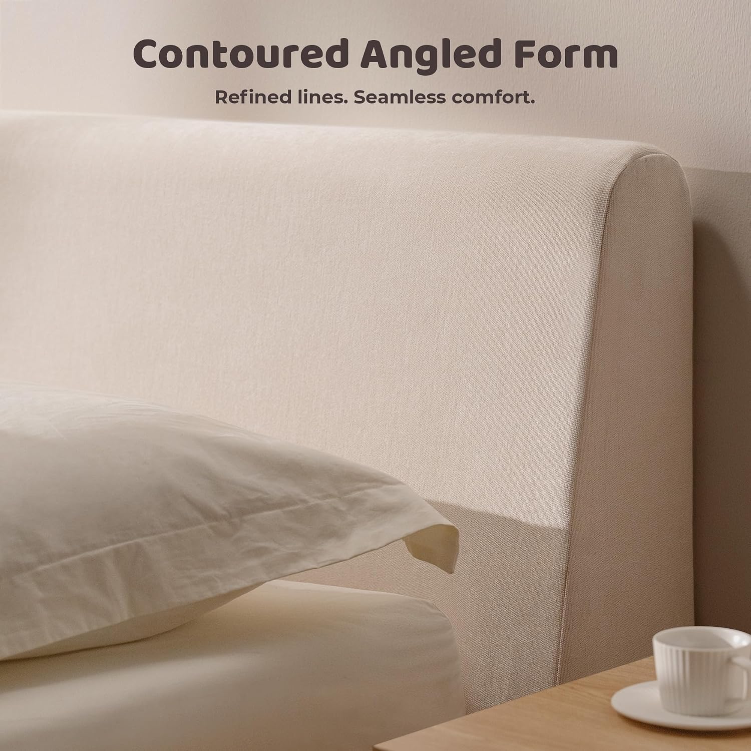 RECCI AirFrame Full Size Bed Frame with Ergonomic Angled Foam Cushioned Headboard, Minimalist Design Platform Bed Frame, No Box Spring Needed, Easy Assembly (Beige Chenille)