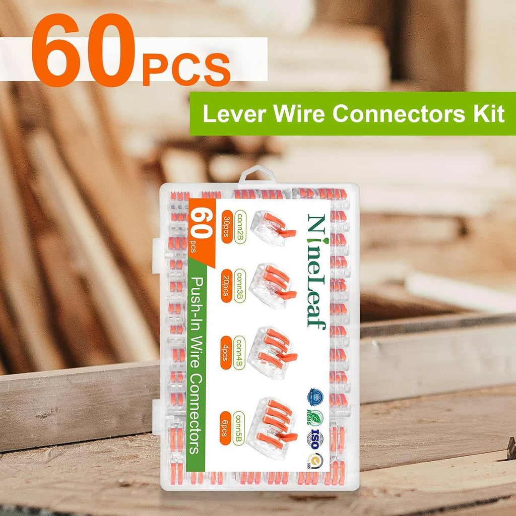 NineLeaf 60 Pcs Lever Wire Connectors Kit, 2/3/4/5 Port Push-in Electrical Wire Nuts with Test Hole for AWG 28-12, Reusable Quick Splice Assortment with Organized Storage Box,8Set